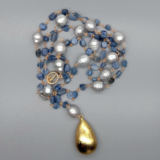 Blue Kyanites Gray Rice Freshwater Baroque Pearl Statement Necklace 